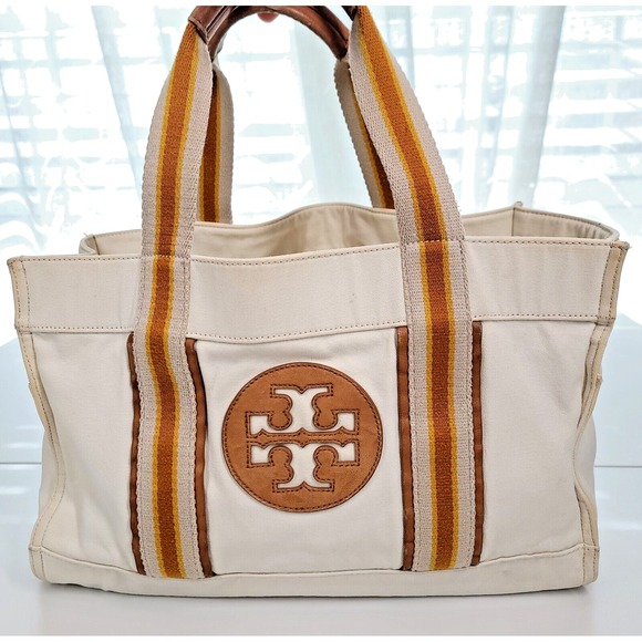 Tory Burch Handbags - Tory Burch Canvas Tote Bag Cream Yellow Brown Top Handle Purse Stripe Neutral